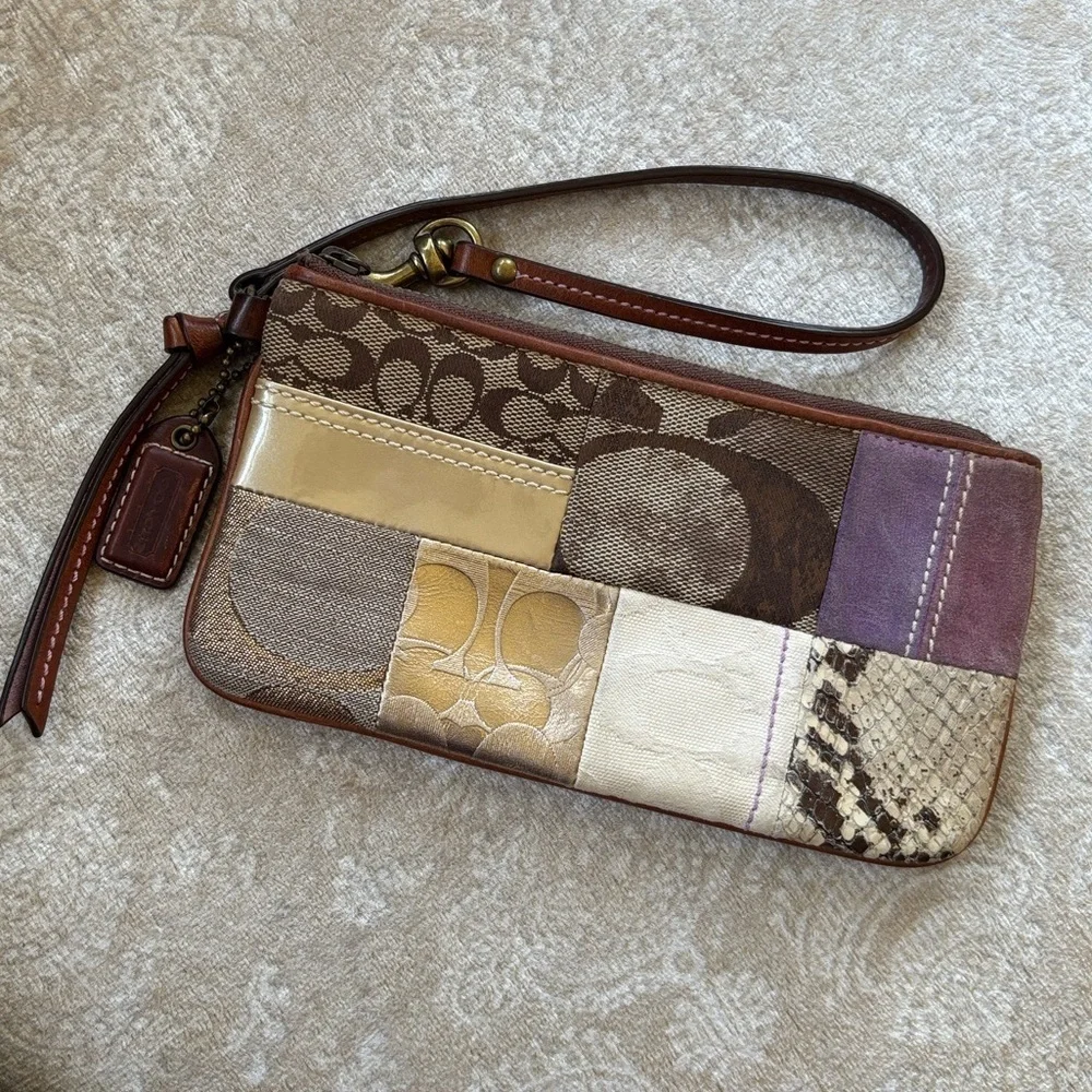 Coach Patchwork Zippered Wristlet Signature C Leather Suede Metallic Snakeskin